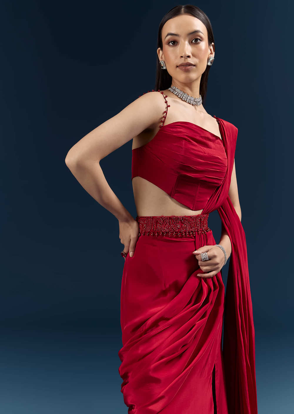 Red Crepe Ready Pleated Saree With Heavy Embroidery