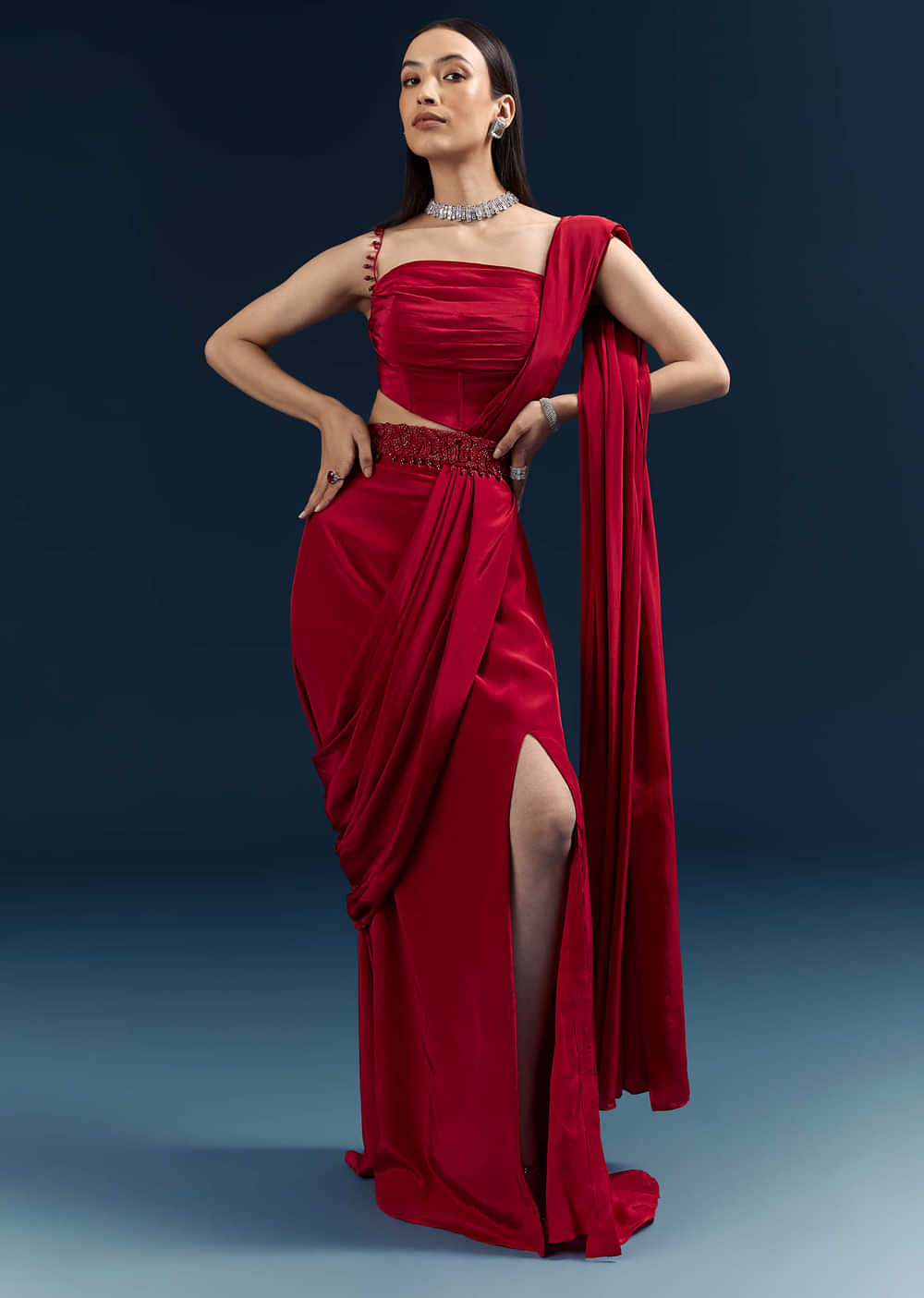 Red Crepe Ready Pleated Saree With Heavy Embroidery