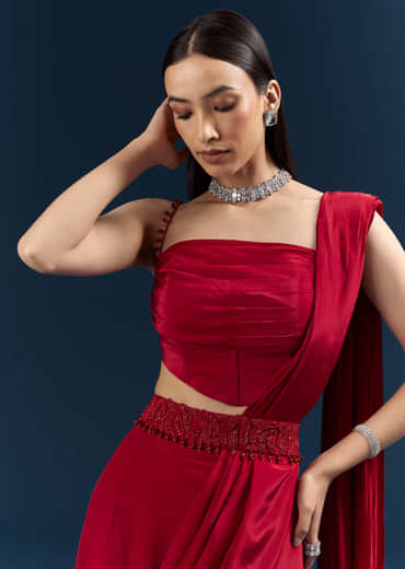Red Crepe Ready Pleated Saree With Heavy Embroidery
