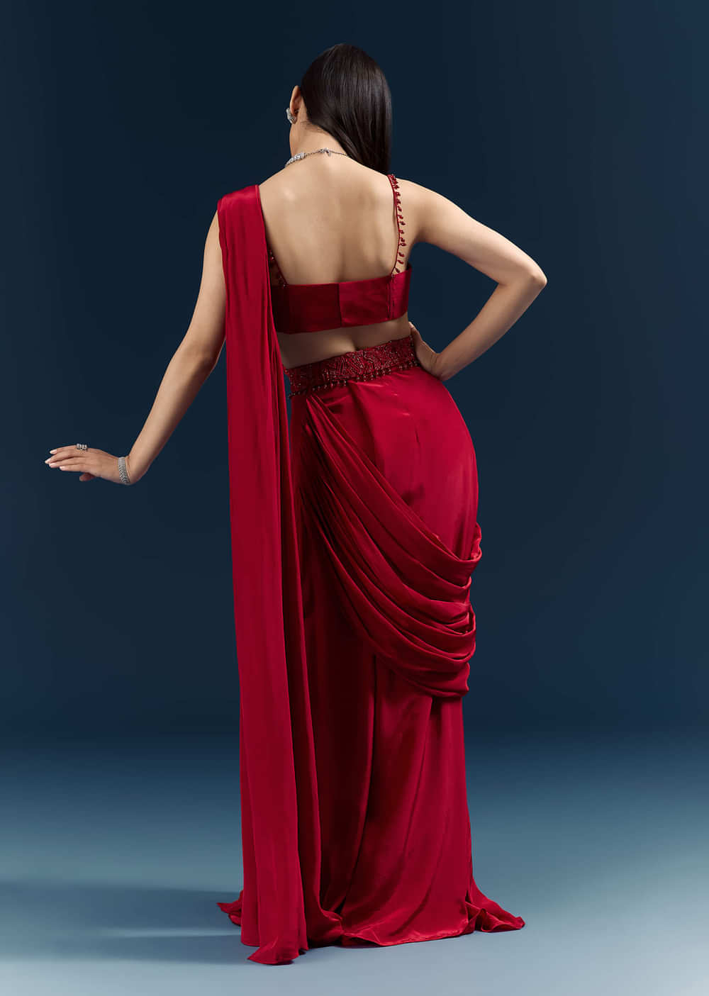 Red Crepe Ready Pleated Saree With Heavy Embroidery