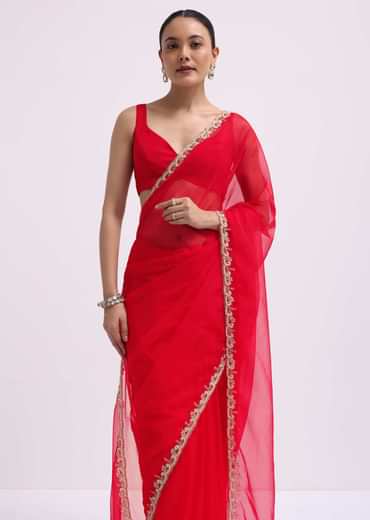 Red Cut Work Organza Saree With Unstitched Blouse