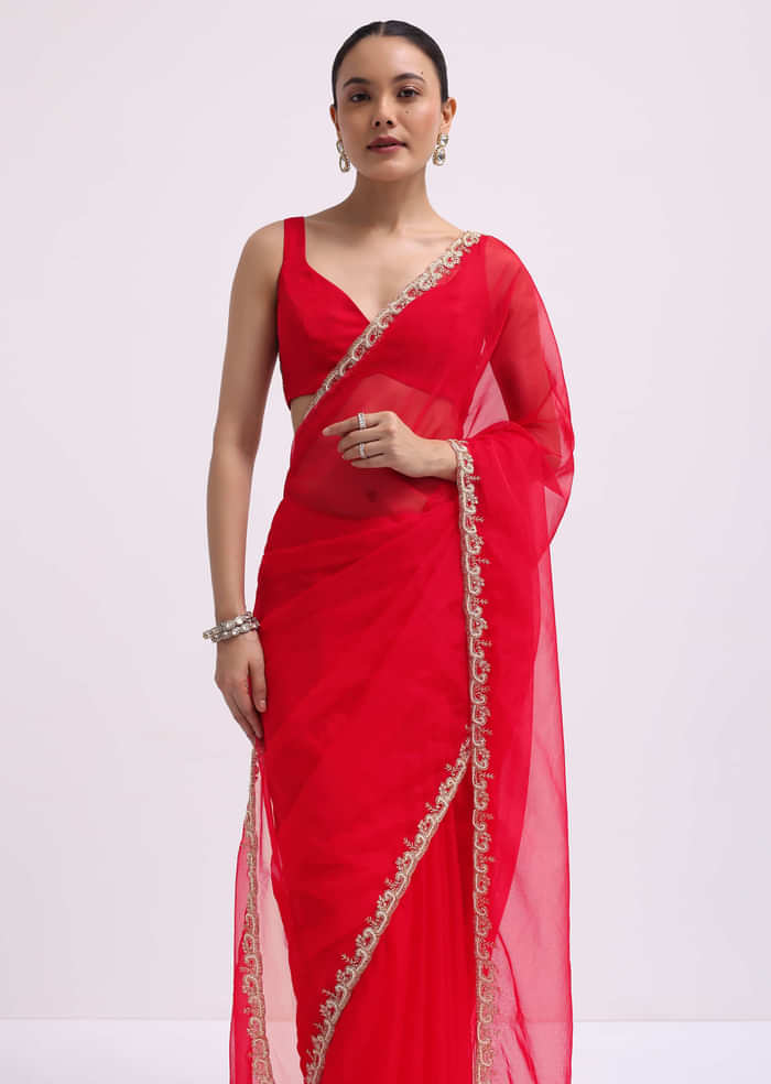 Red Cut Work Organza Saree With Unstitched Blouse
