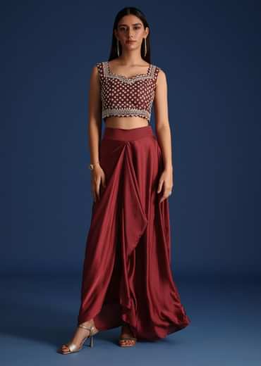 Red Cutdana Work Jacket With Draped Skirt And Crop Top
