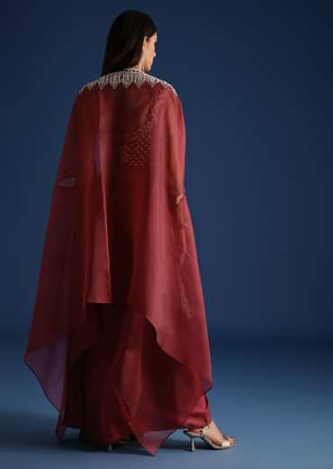 Red Cutdana Work Jacket With Draped Skirt And Crop Top