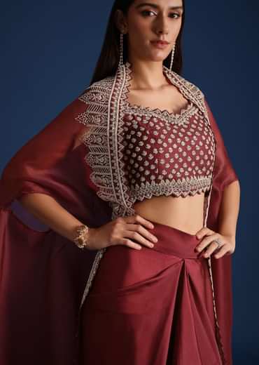 Red Cutdana Work Jacket With Draped Skirt And Crop Top