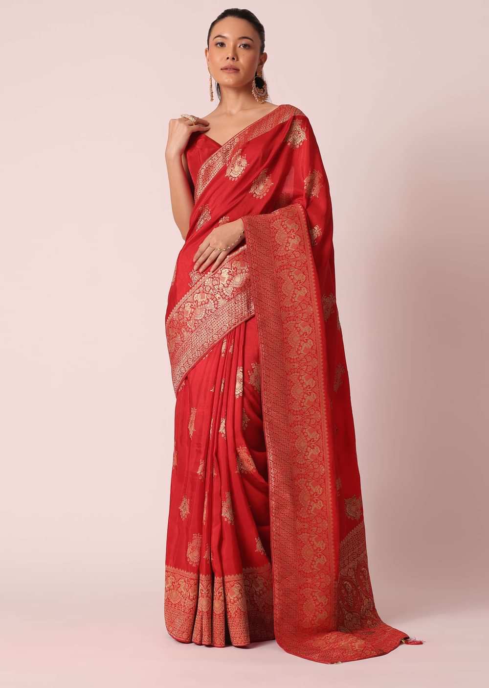 Red Dola Silk Saree With Brocade Weave And Unstitched Blouse Piece