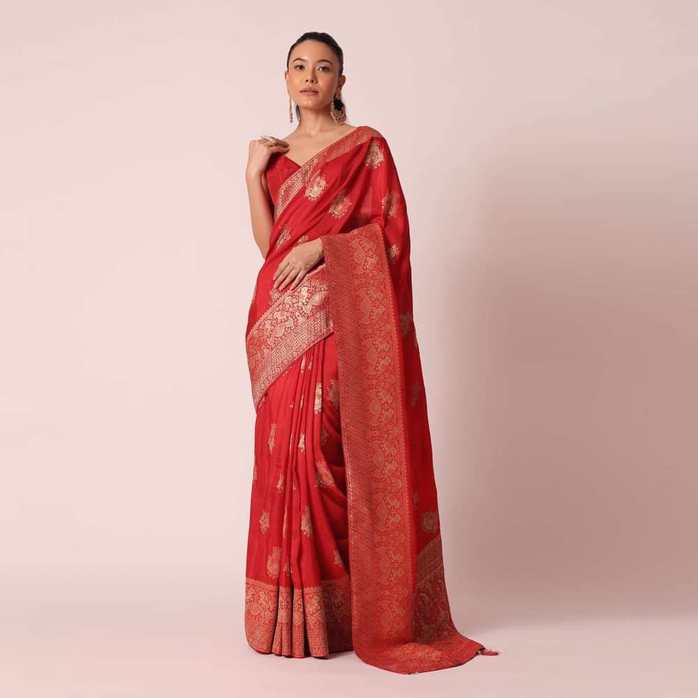 Red Dola Silk Saree With Brocade Weave And Unstitched Blouse Piece