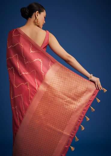 Punch Pink Dola Silk Saree With Zari Accents On Pallu And Border