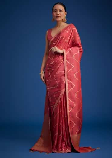 Punch Pink Dola Silk Saree With Zari Accents On Pallu And Border