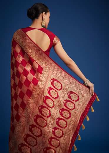 Red Dola Silk Saree With Zari Checkered Design And Woven Border