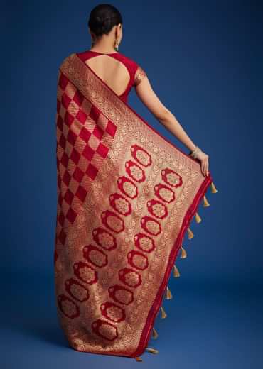 Red Dola Silk Saree With Zari Checkered Design And Woven Border