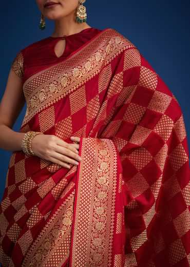 Red Dola Silk Saree With Zari Checkered Design And Woven Border