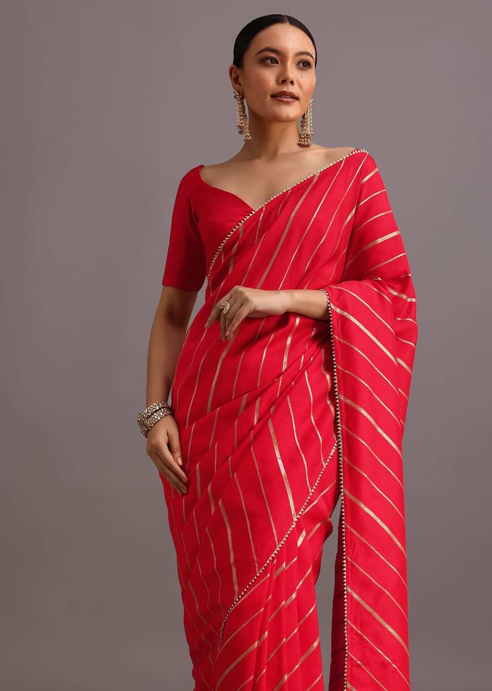 Red Dola Silk Woven Leheriya Saree With Gotta Patti Border