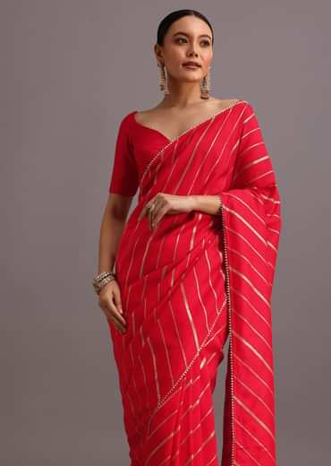 Red Dola Silk Woven Leheriya Saree With Gotta Patti Border