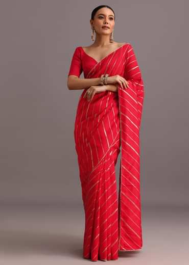 Red Dola Silk Woven Leheriya Saree With Gotta Patti Border