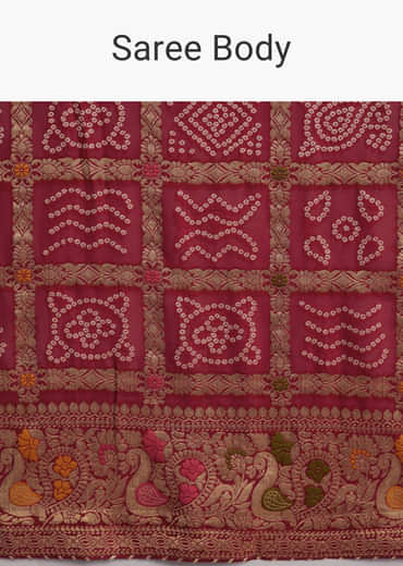 Red Dola Silk Woven Saree With Bandhani And Floral Work Red Dola Silk Woven Saree With Bandhani And Floral Work
