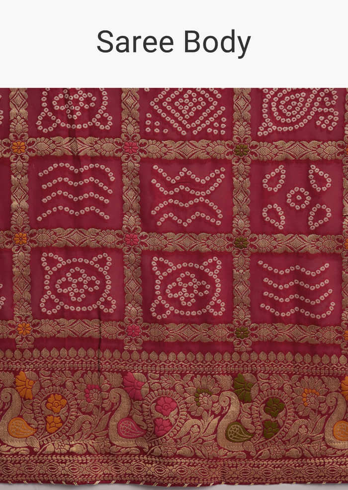 Red Dola Silk Woven Saree With Bandhani And Floral Work