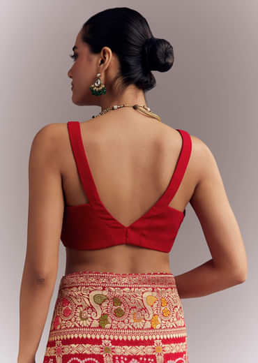 Red Dola Silk Woven Saree With Bandhani And Floral Work Red Dola Silk Woven Saree With Bandhani And Floral Work