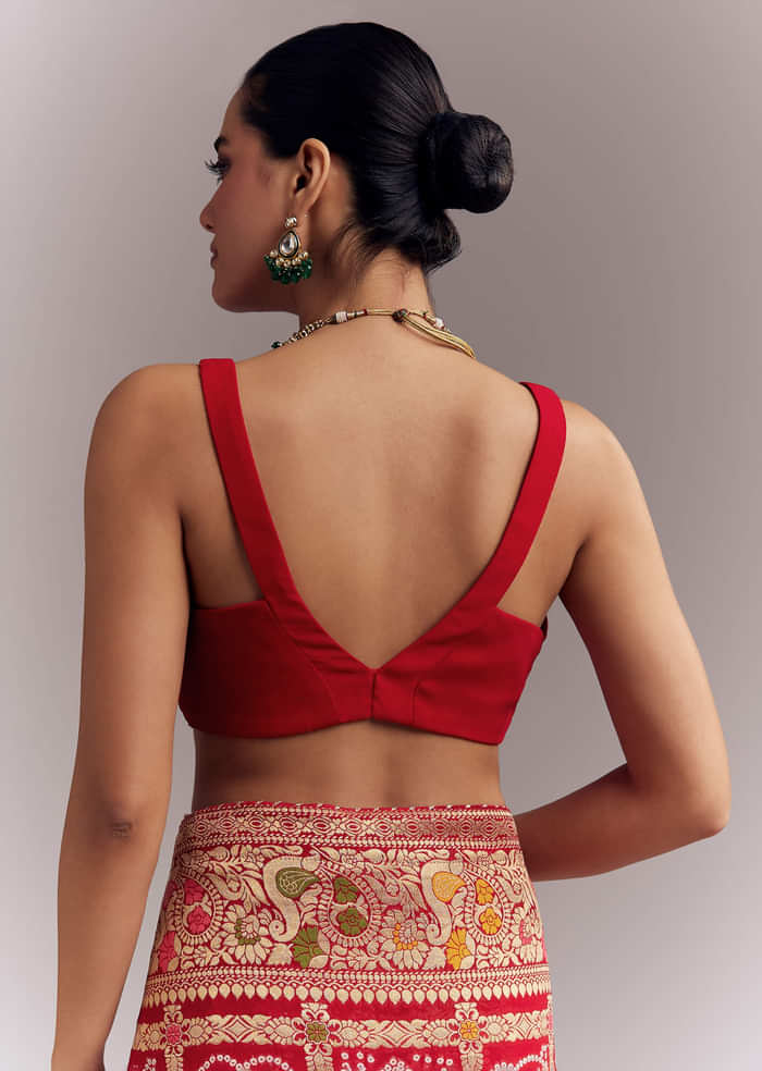Red Dola Silk Woven Saree With Bandhani And Floral Work