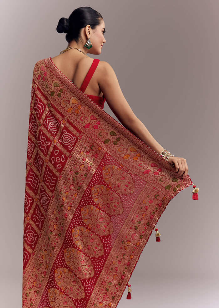 Red Dola Silk Woven Saree With Bandhani And Floral Work
