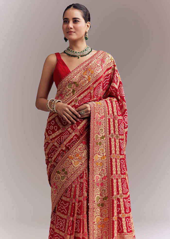 Red Dola Silk Woven Saree With Bandhani And Floral Work