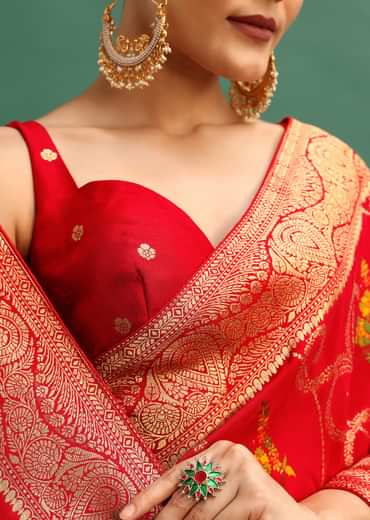 Red Dola Silk Woven Saree With Zari Work And Unstitched Blouse
