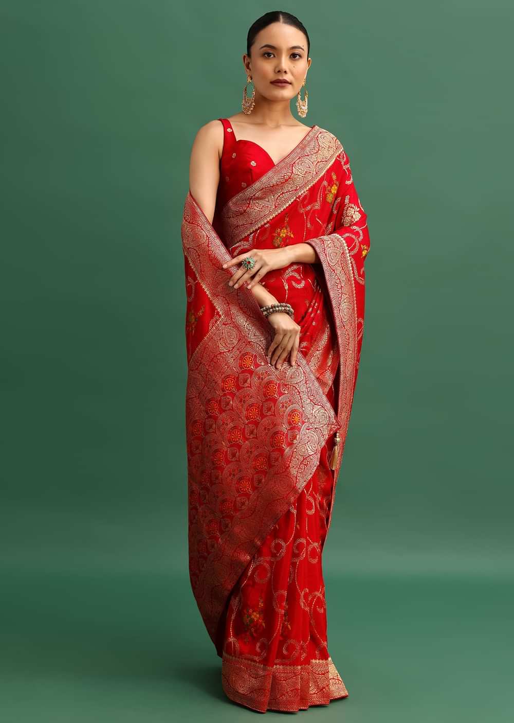 Red Dola Silk Woven Saree With Zari Work And Unstitched Blouse