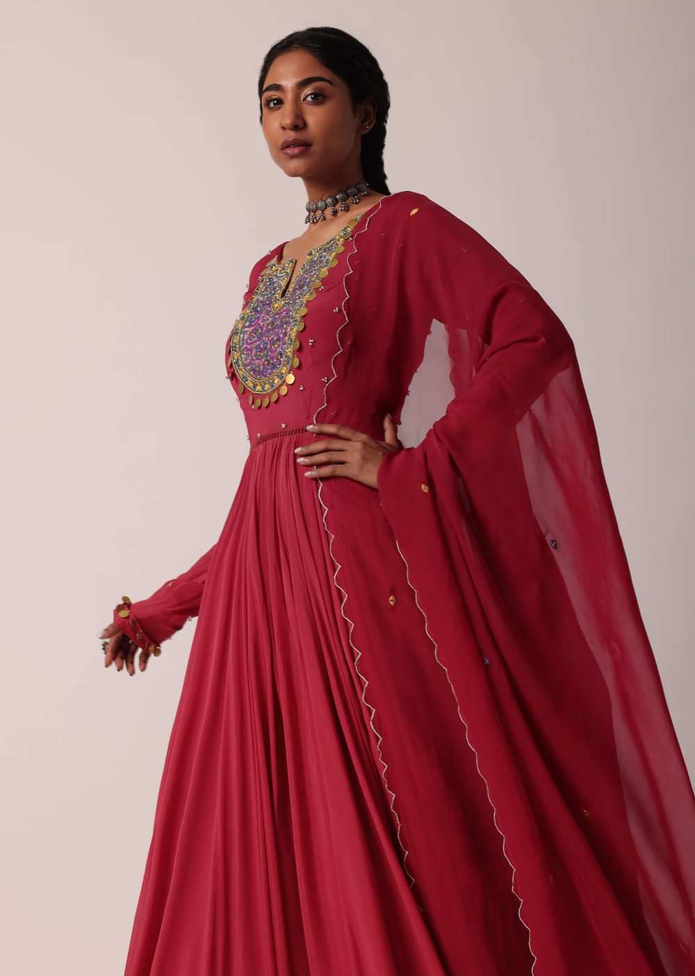Red Embroidered Chiffon Anarkali With Dupatta