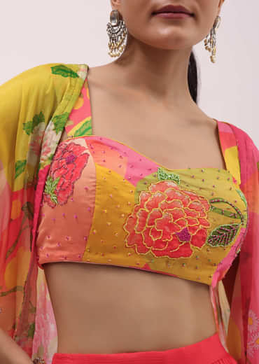 Red Embroidered Chinon Crop Top Palazzo Set