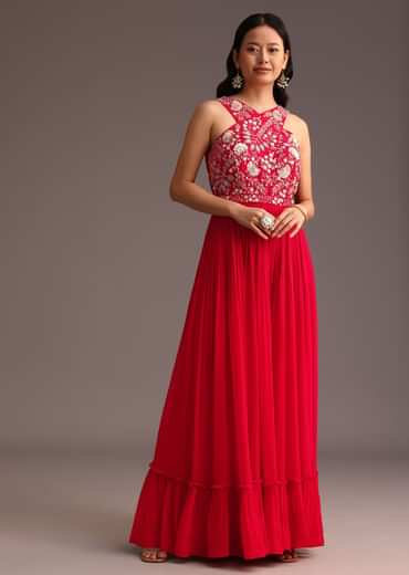 Red Embroidered Jumpsuit With Belt
