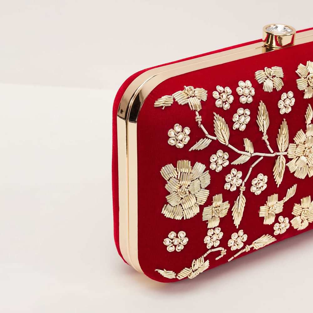 Apple Red Floral Clutch On Silk Fabric With Zardosi Work