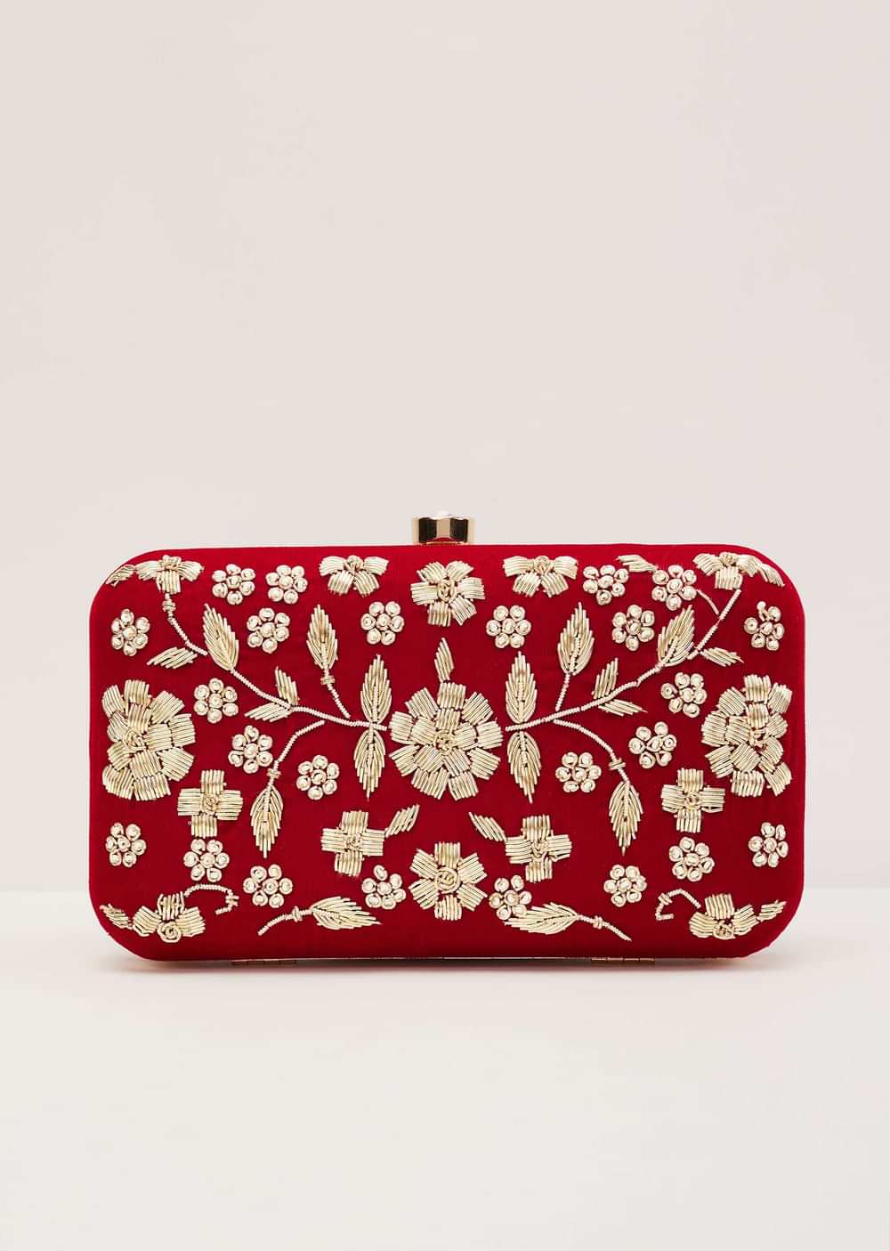 Apple Red Floral Clutch On Silk Fabric With Zardosi Work