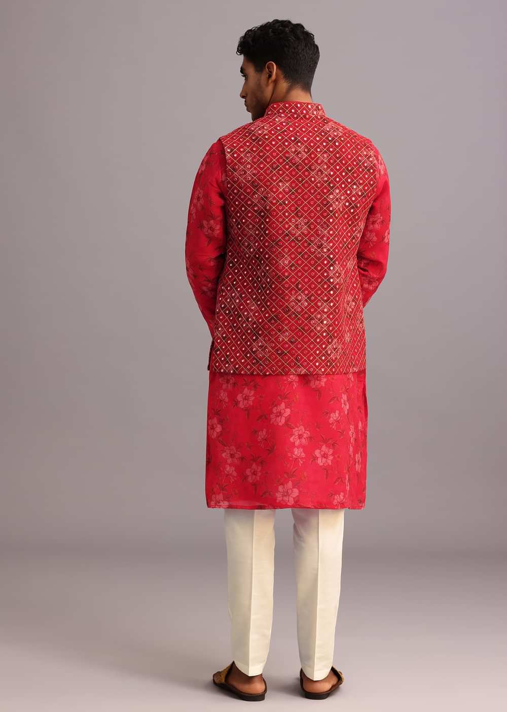 Red Floral Print Jacket Kurta Set In Georgette
