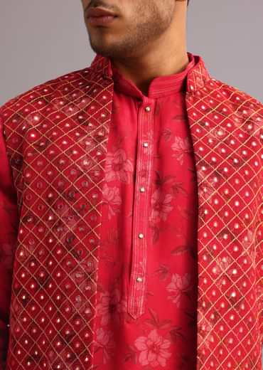 Red Floral Print Jacket Kurta Set In Georgette