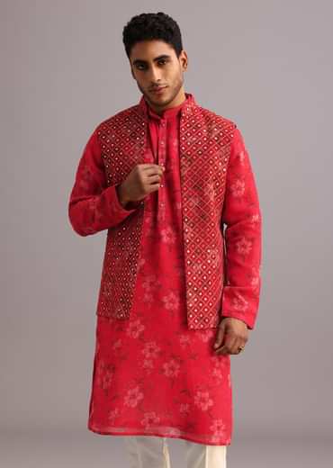 Red Floral Print Jacket Kurta Set In Georgette