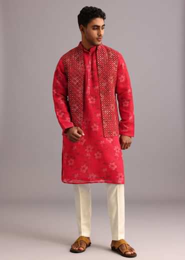 Red Floral Print Jacket Kurta Set In Georgette