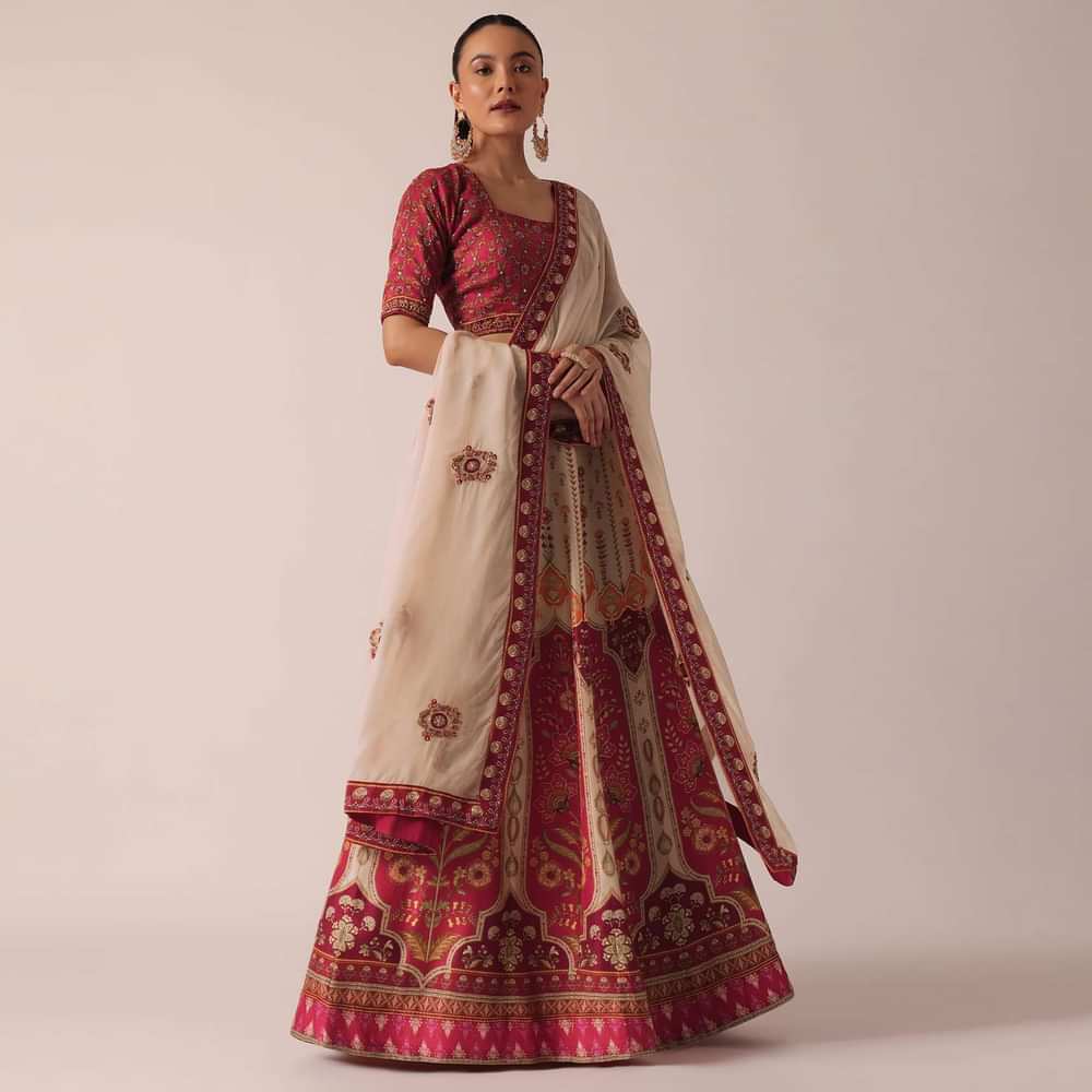 Red Floral Print Lehenga Set With Sequin Work