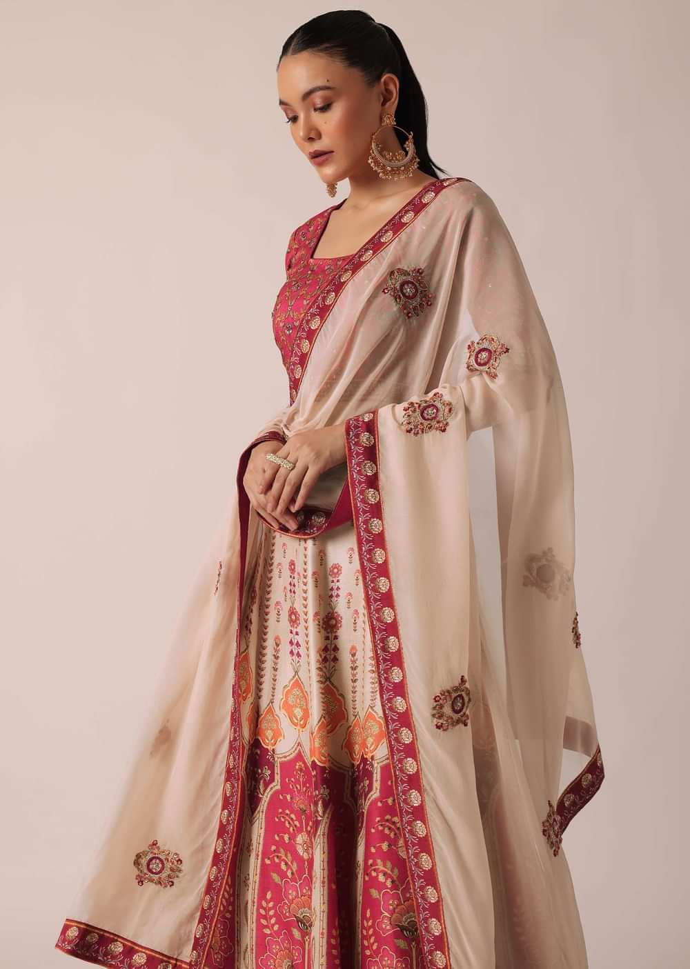 Red Floral Print Lehenga Set With Sequin Work