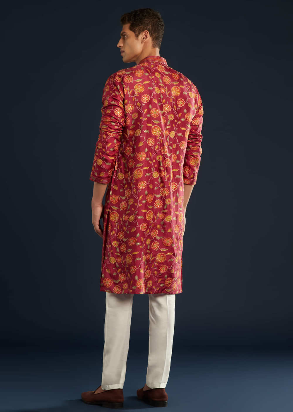 Red Floral Print Silk Kurta Set with Resham Work