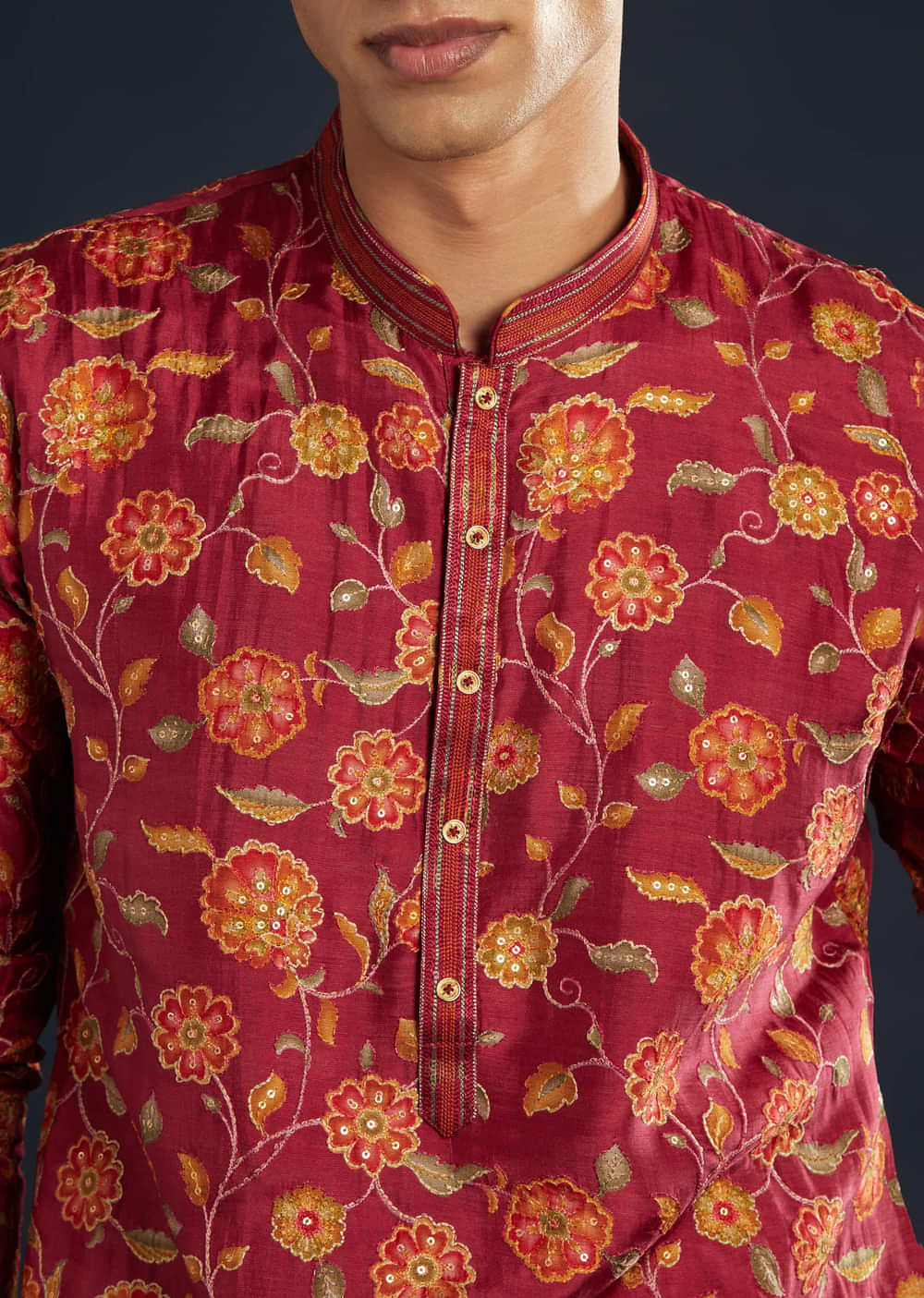 Red Floral Print Silk Kurta Set with Resham Work