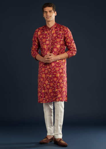 Red Floral Print Silk Kurta Set with Resham Work