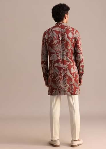 Red Floral Printed Kurta For Men