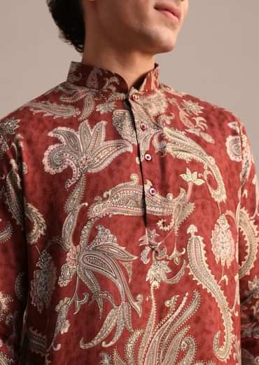 Red Floral Printed Kurta For Men