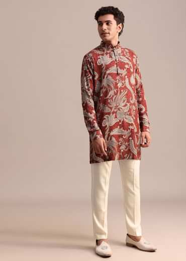 Red Floral Printed Kurta For Men