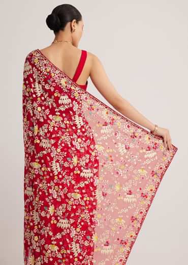 Red Georgette Parsi Gara Saree With Multicolor Thread Embroidery