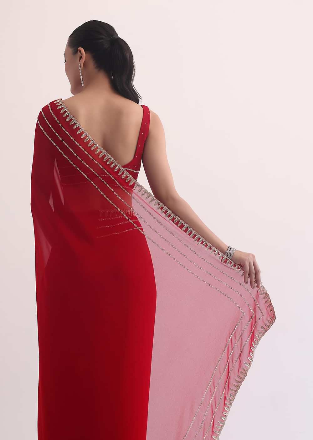 Red Georgette Saree In Cutdana Embroidery With Unstitched Blouse