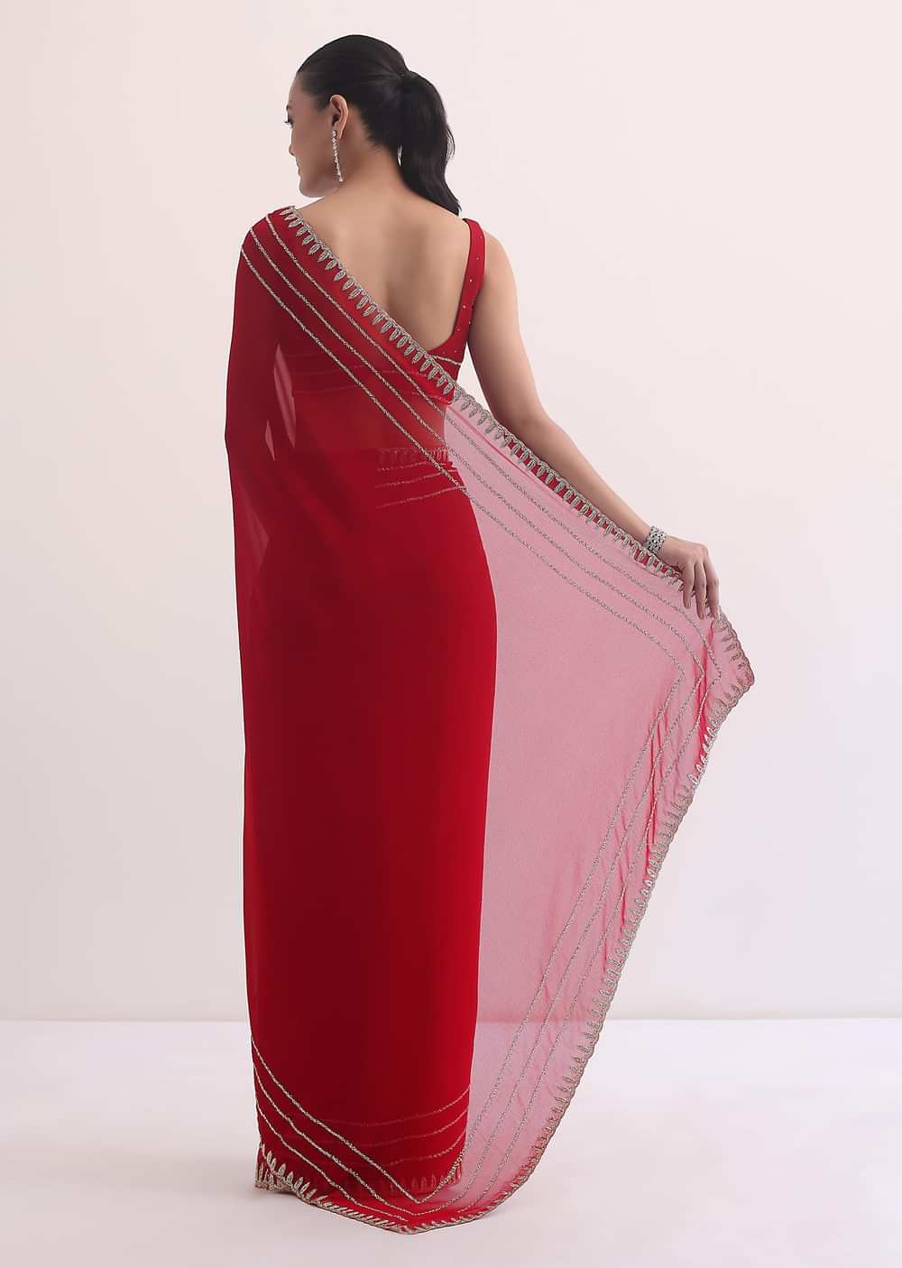 Red Georgette Saree In Cutdana Embroidery With Unstitched Blouse