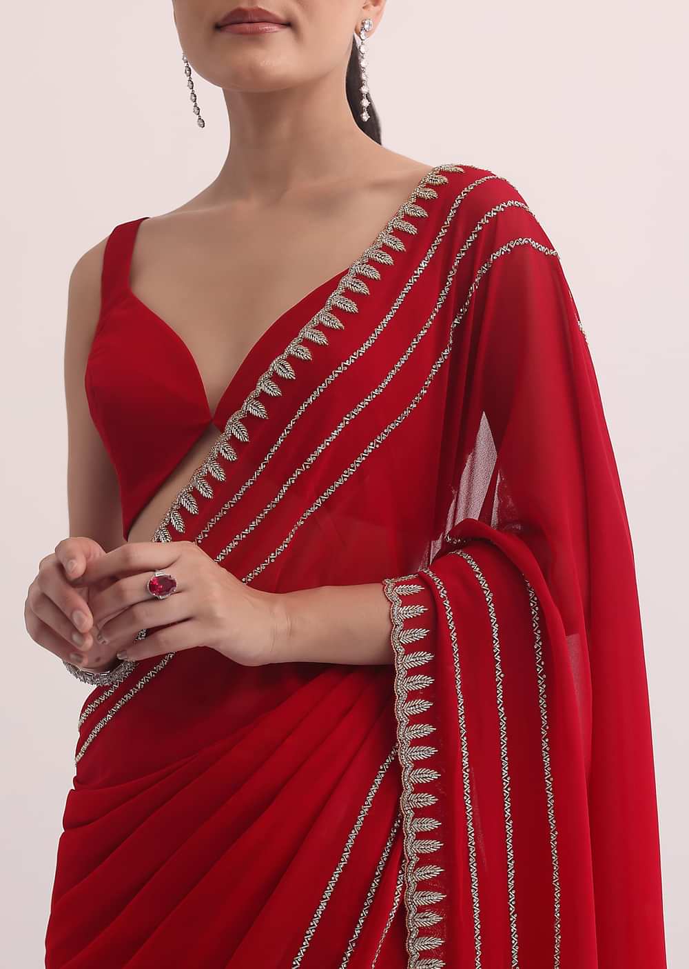 Red Georgette Saree In Cutdana Embroidery With Unstitched Blouse