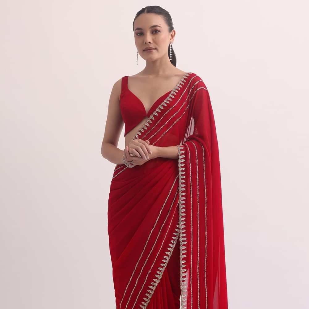 Red Georgette Saree In Cutdana Embroidery With Unstitched Blouse