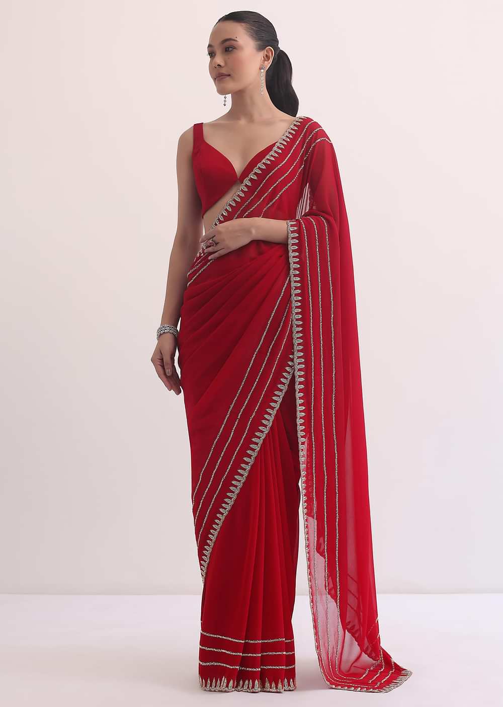 Red Georgette Saree In Cutdana Embroidery With Unstitched Blouse